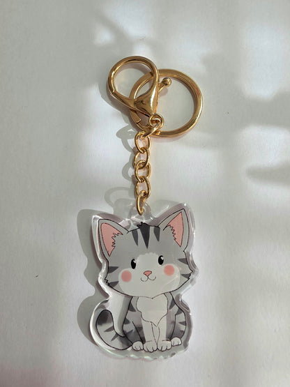 Cat Keychain - Grey and White - 082