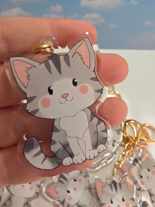 Cat Keychain - Grey and White - 082