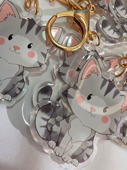 Cat Keychain - Grey and White - 082